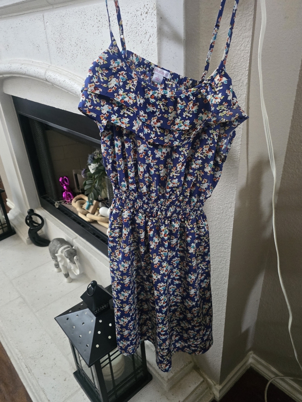 Xhilaration Navy Floral Smocked Sundress with Ruffle Neckline Sz.L Beach Ready